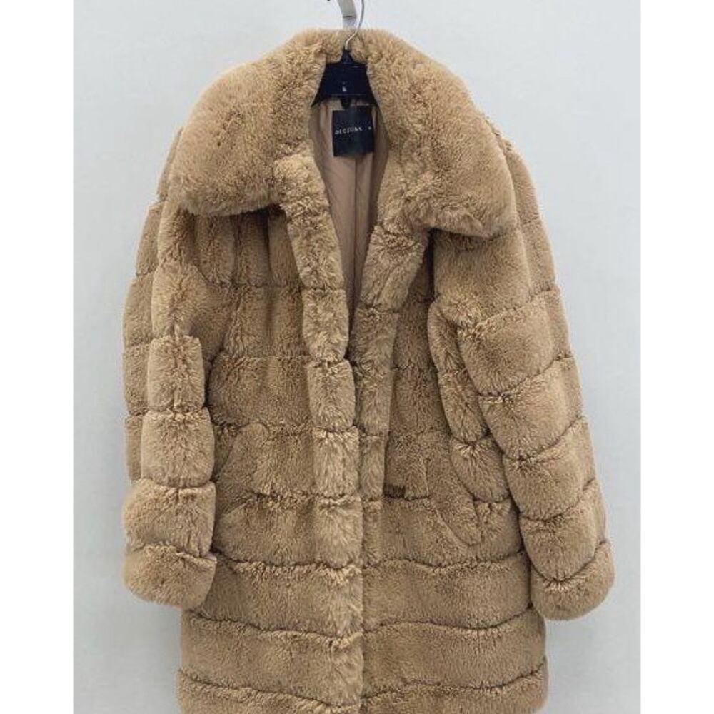 Decjuba Louella Faux Fur Coat Tan Brown UK Oversized Mob Ribbed Med 50w Jacket